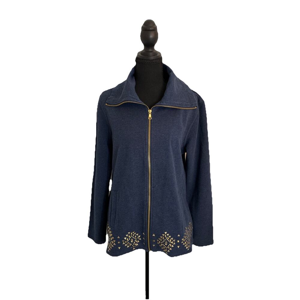 Ruby Rd Womens Sz M Navy Embellished Zip Cardigan Lt Jacket EUC SPORTY DRESS